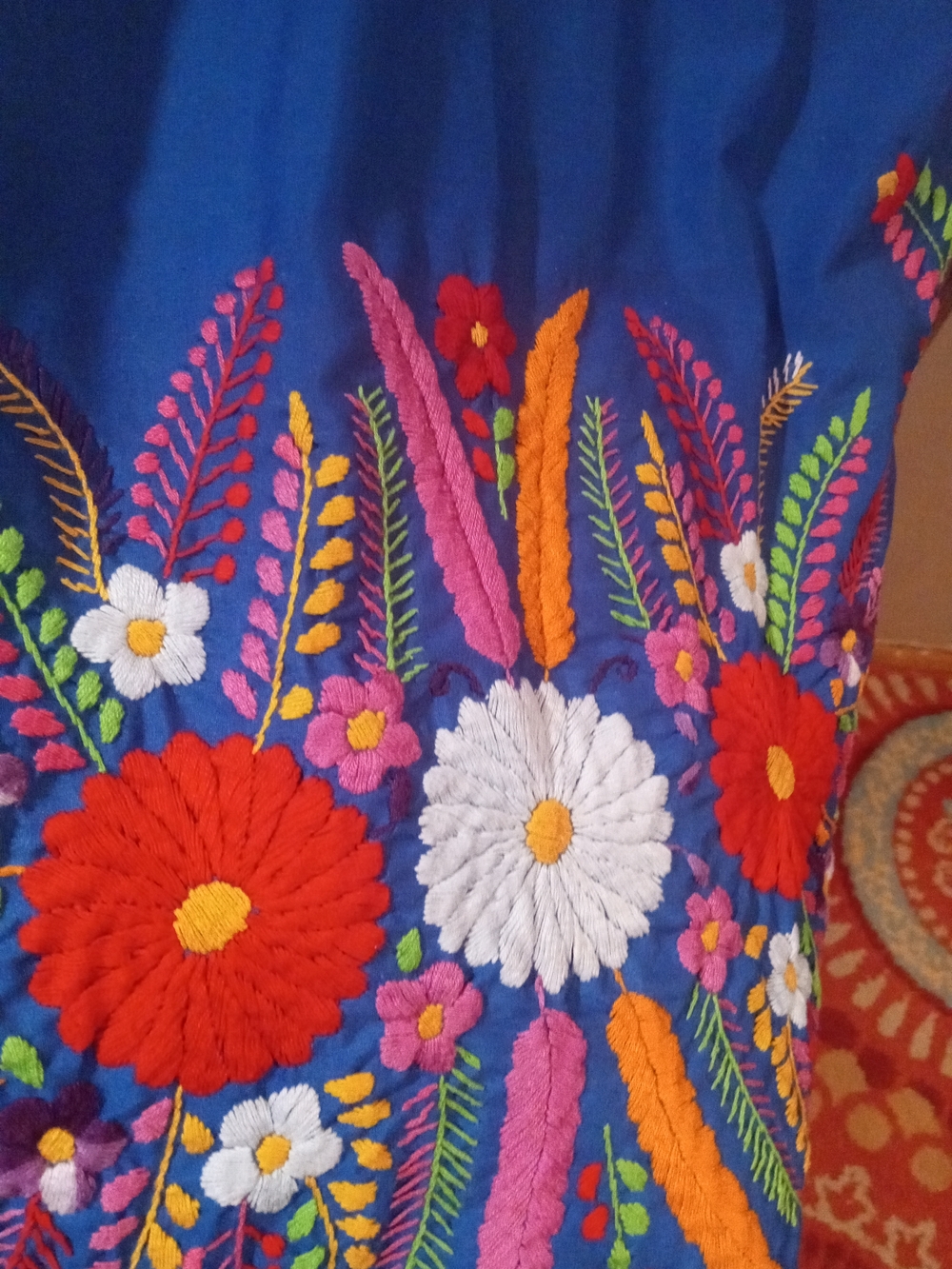 Blue Embroidered Floral Mexican Maxi Dress - Picture 4 of 11